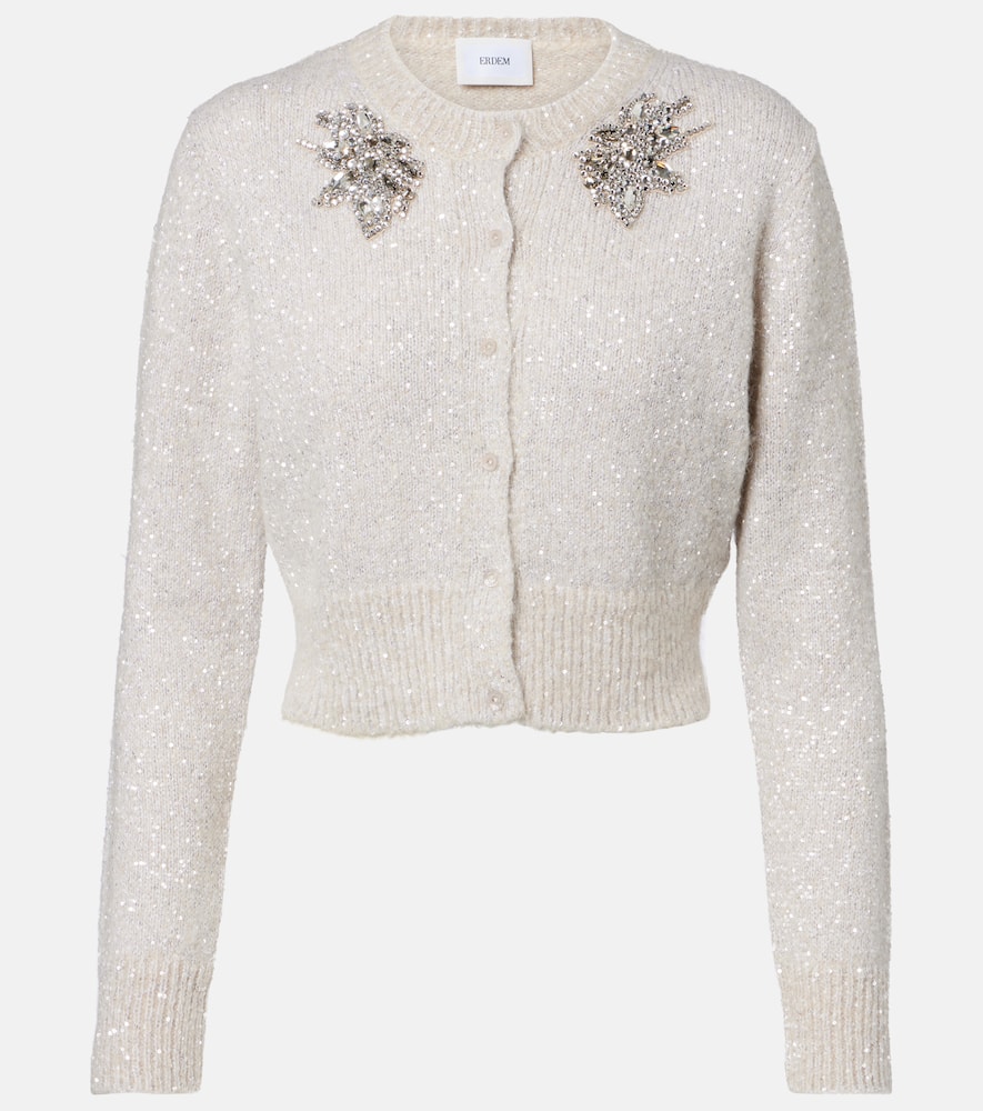 Erdem Womens Champagne Sequin-embellished Cropped Alpaca-blend Cardigan In White