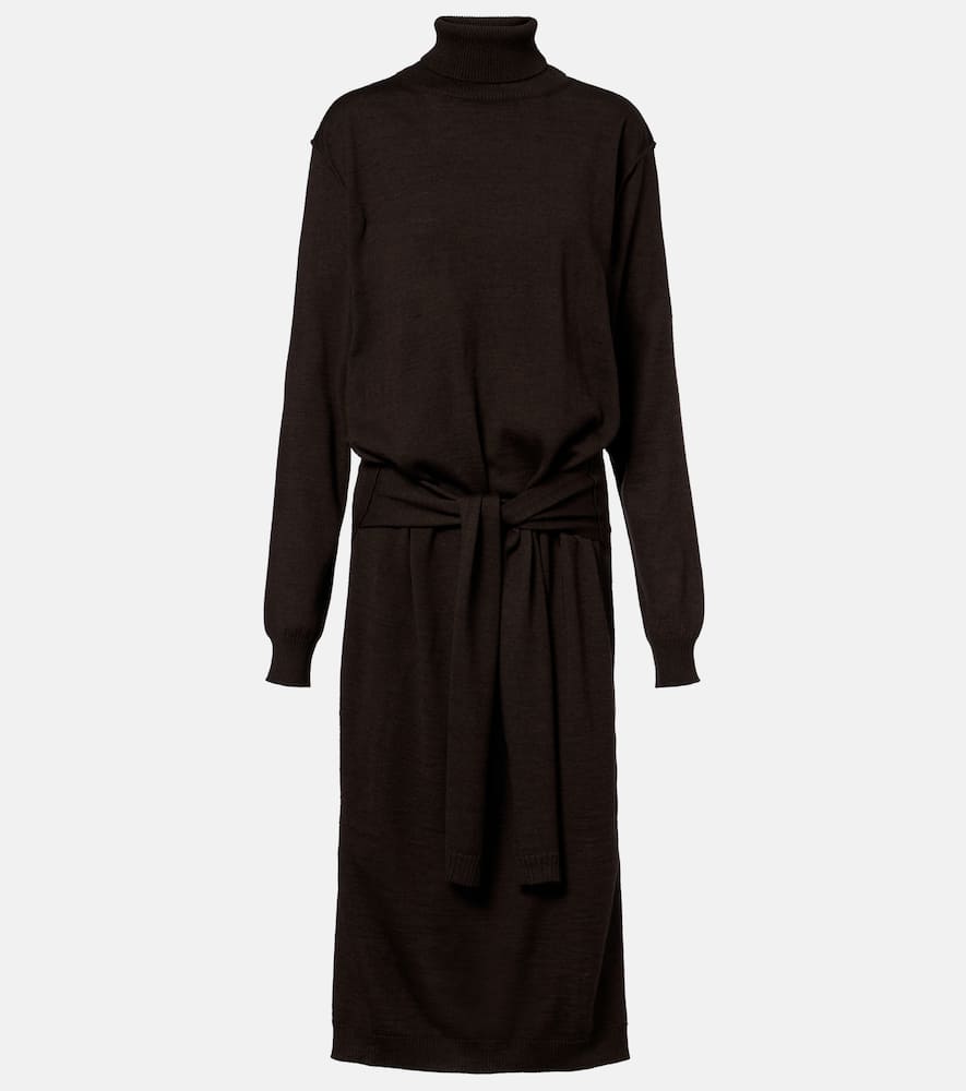 Lemaire Belted Wool-blend Turtleneck Midi Dress In Brown