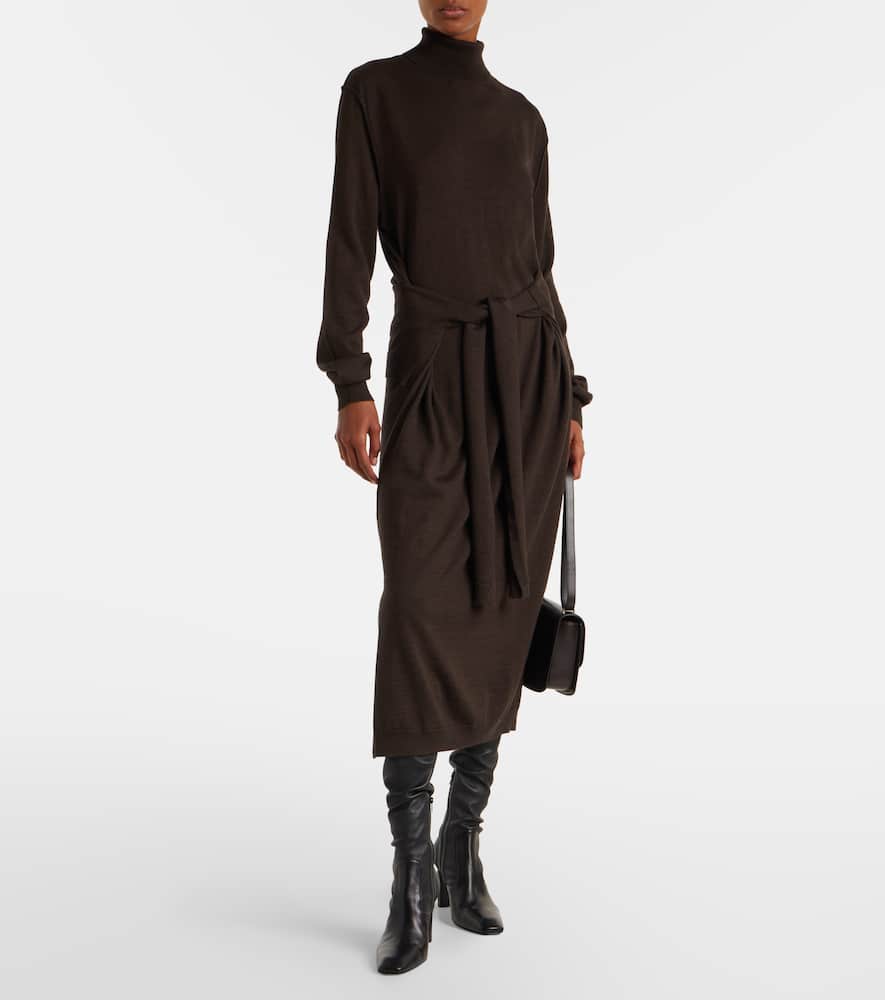 Lemaire Belted Wool-blend Turtleneck Midi Dress In Brown