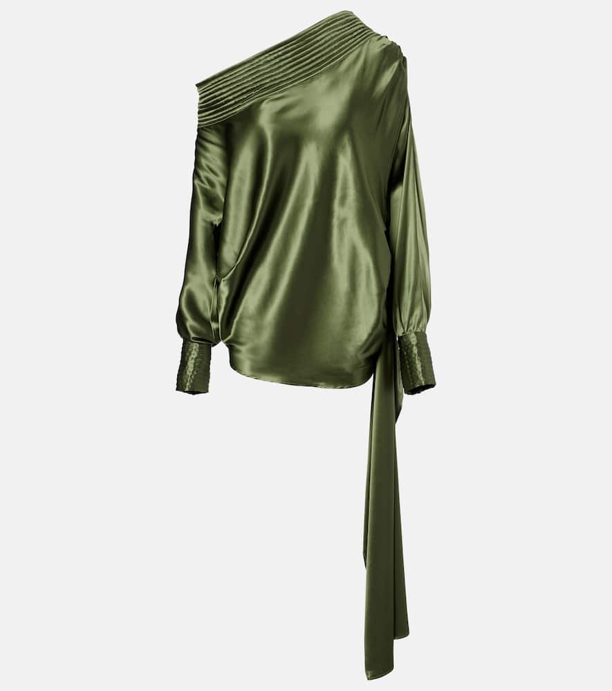 Dries Van Noten Asymmetric Draped Silk-blend Satin Top In Green
