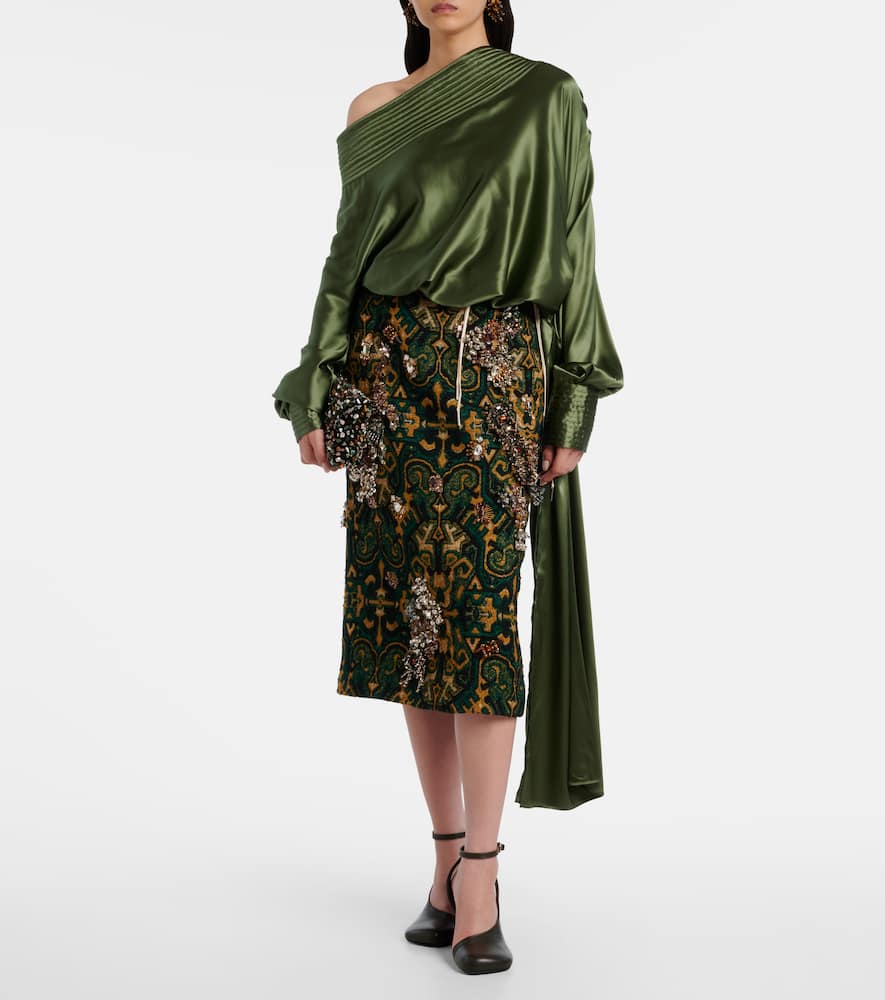 Dries Van Noten Asymmetric Draped Silk-blend Satin Top In Green