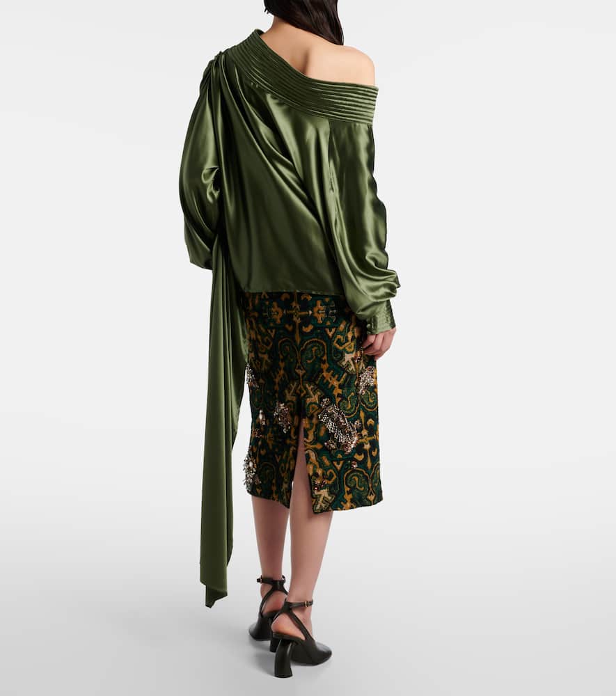 Dries Van Noten Asymmetric Draped Silk-blend Satin Top In Green