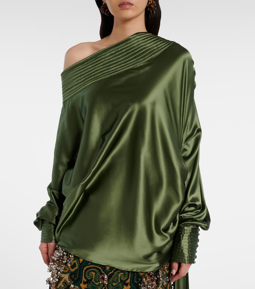 Dries Van Noten Asymmetric Draped Silk-blend Satin Top In Green