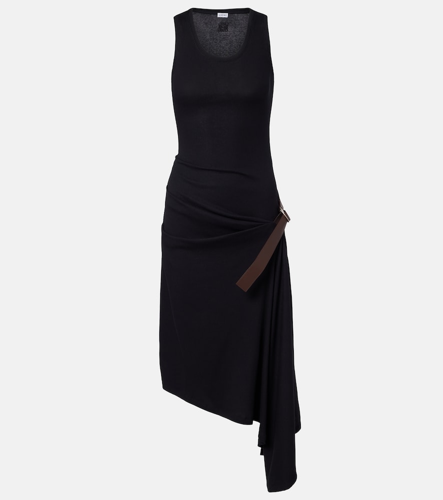 Loewe Belted ribbed-knit draped cotton-blend midi dress