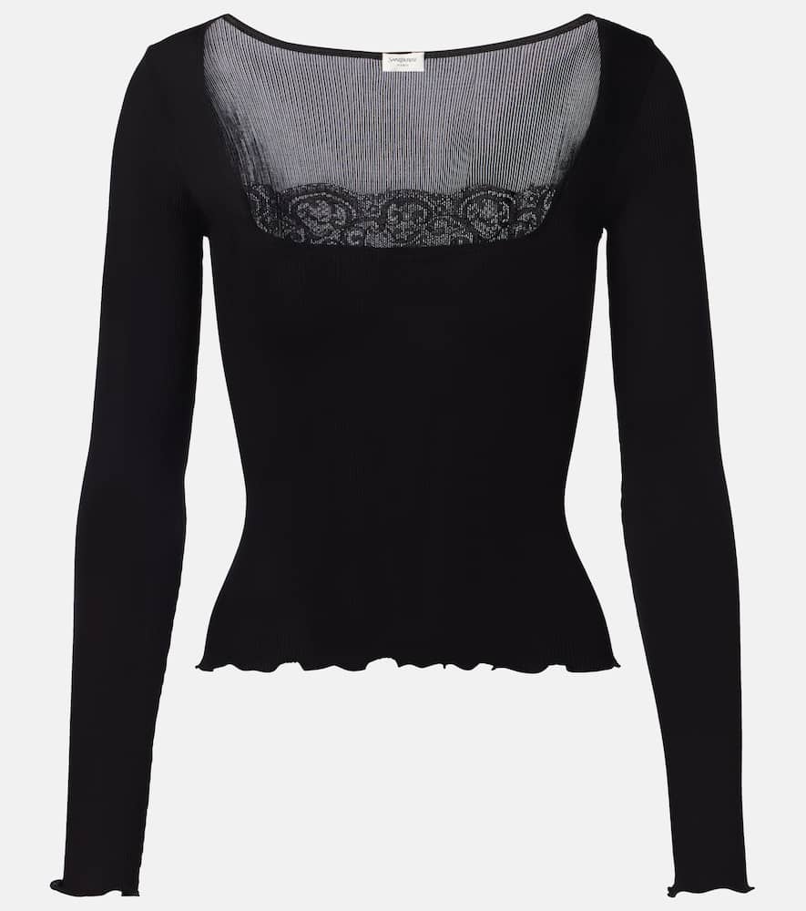 Saint Laurent Lace-trimmed Silk Top In Black