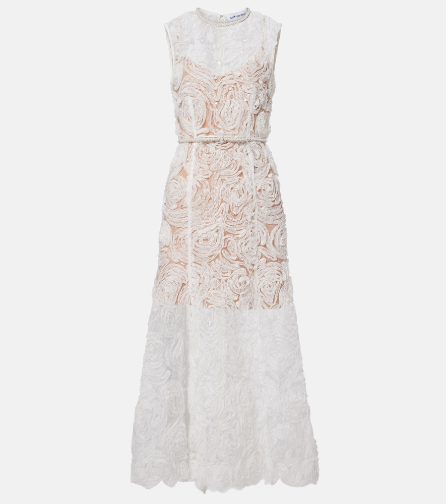 Self-Portrait Embellished lace-trimmed tulle midi dress