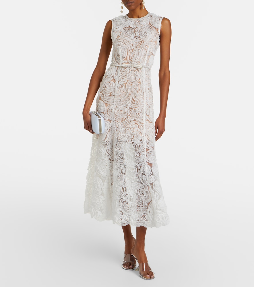 Self-Portrait Embellished lace-trimmed tulle midi dress