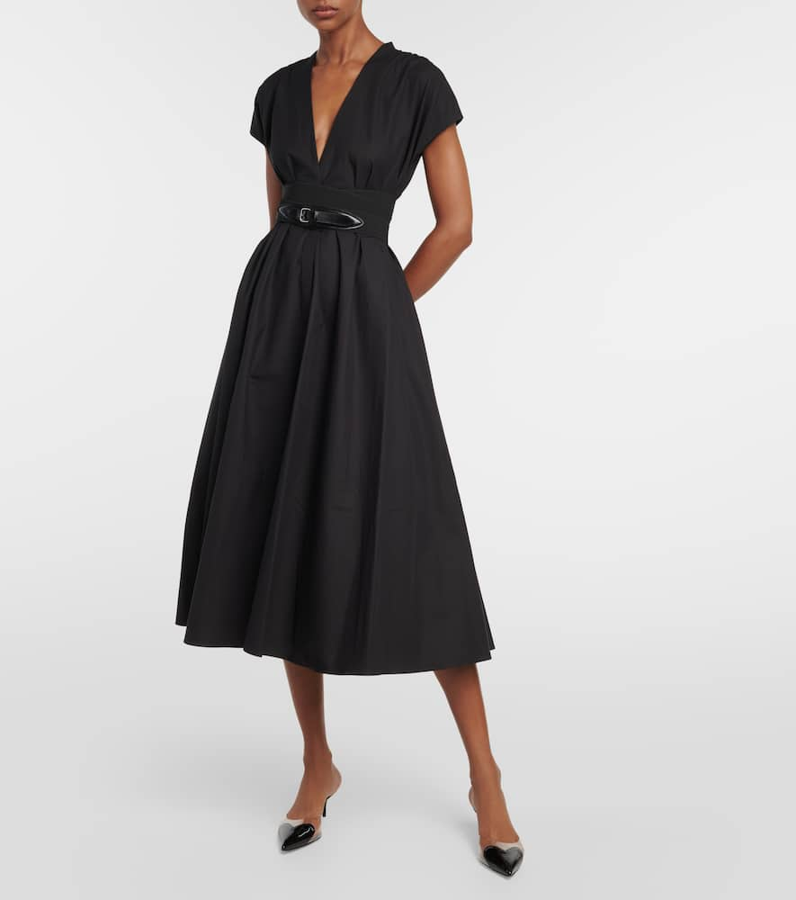 Shop Alaïa Belted Cotton Poplin Midi Dress In Black