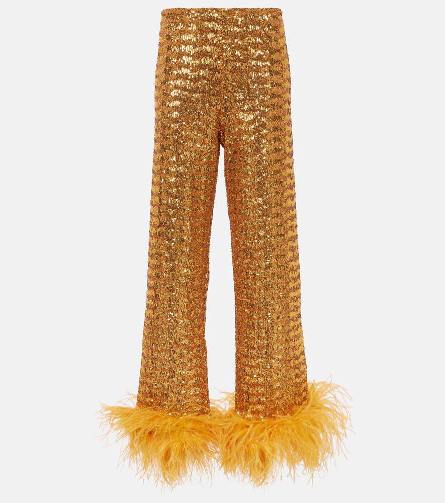 Oséree Feather-trimmed embellished wide-leg pants
