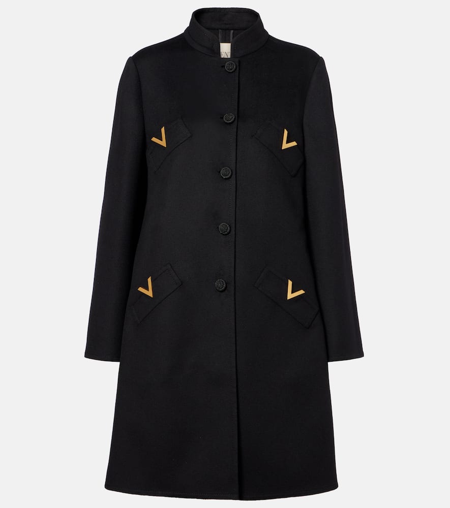 Valentino Embellished Stand Collar Coat With Pocket Detail In Black