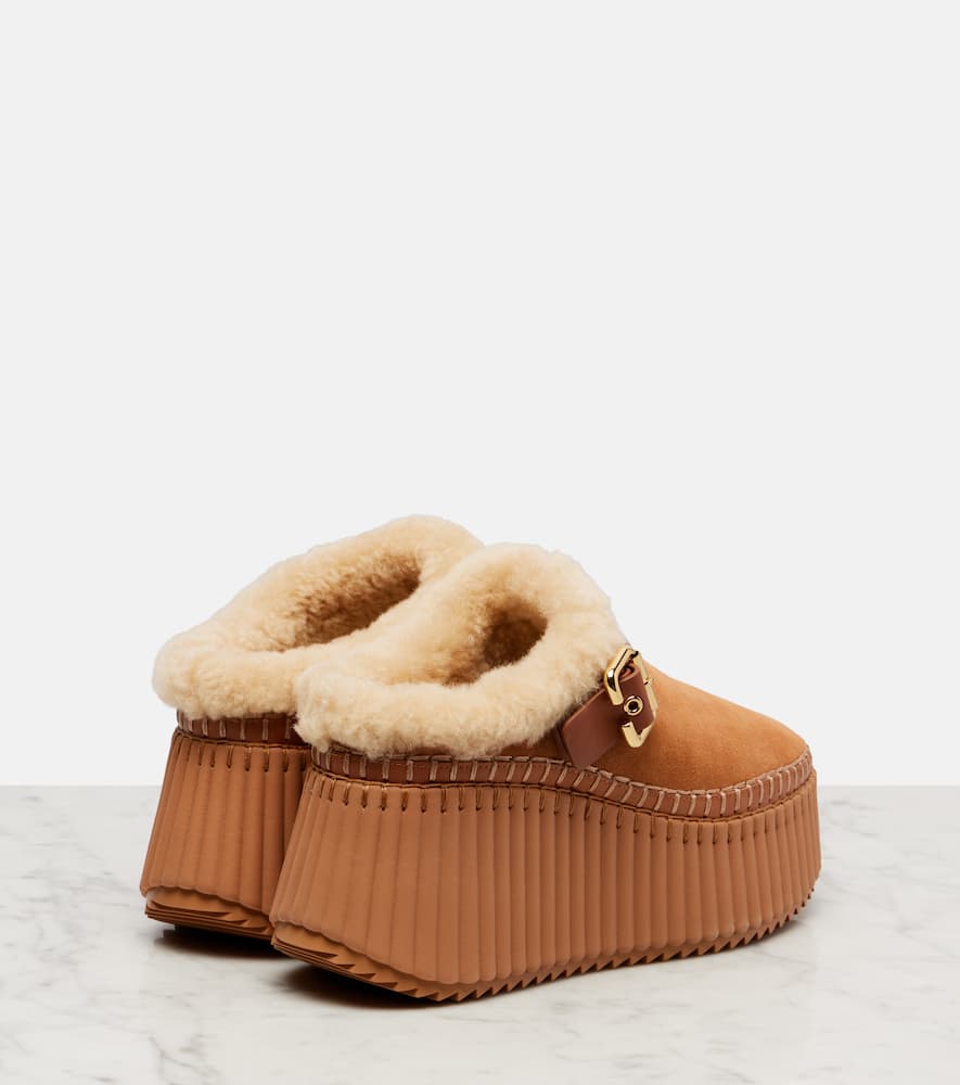 Chloé Nama 80 Shearling-lined Suede Platform Mules In Brown