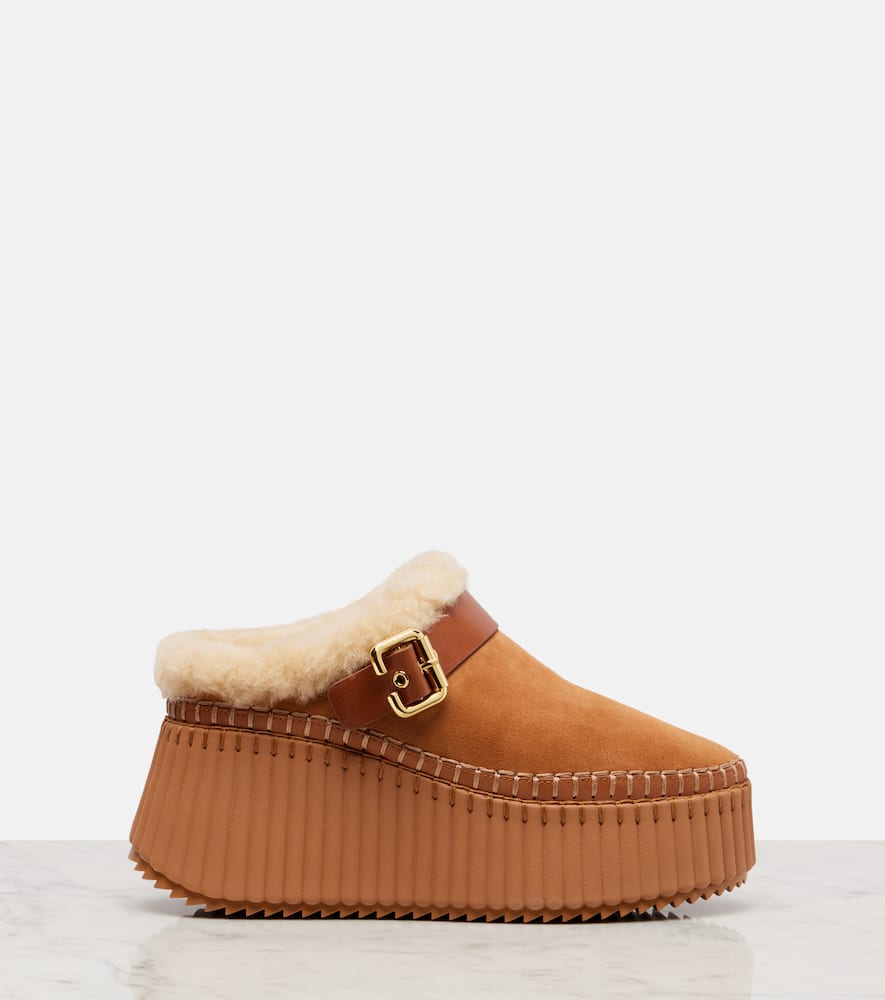 Chloé Nama 80 Shearling-lined Suede Platform Mules In Brown