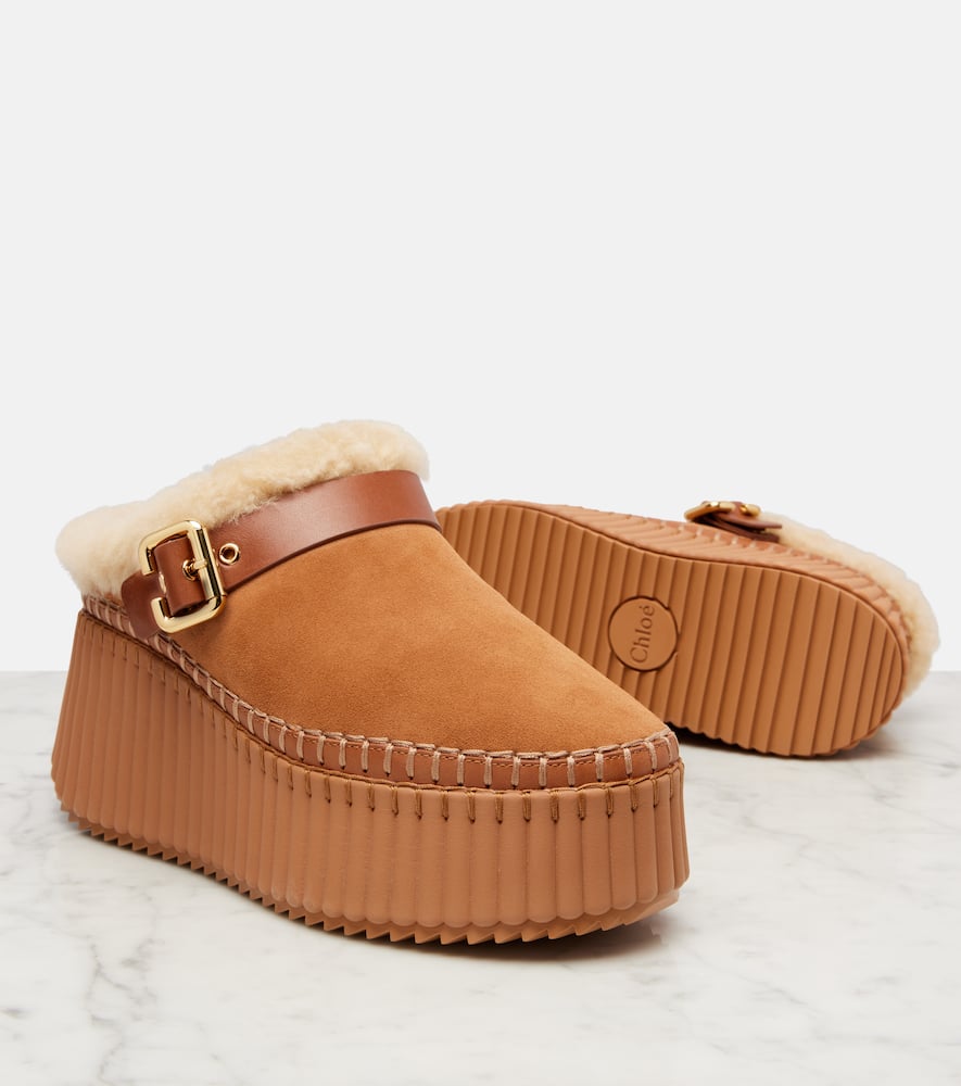 Chloé Nama 80 Shearling-lined Suede Platform Mules In Brown