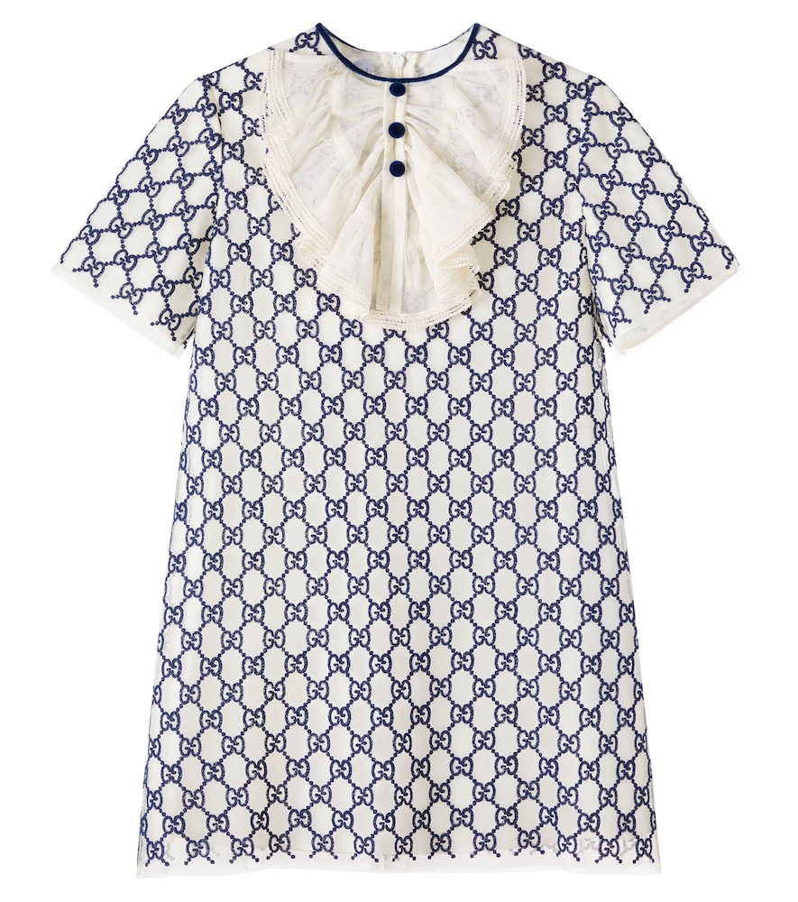 Gucci Kids Blue Gg Embroidered Tulle-Trimmed Dress Y Size 12 - Mytheresa