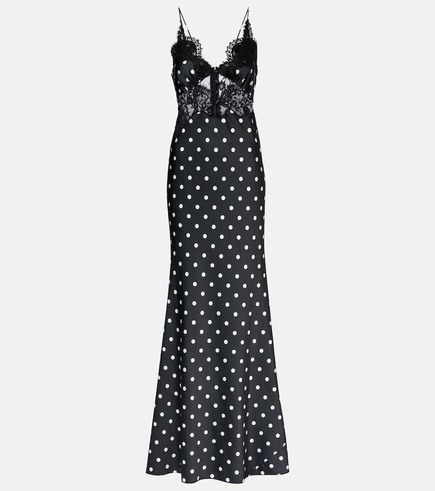 Self-portrait Polka-dot Lace-trimmed Satin Gown In Black