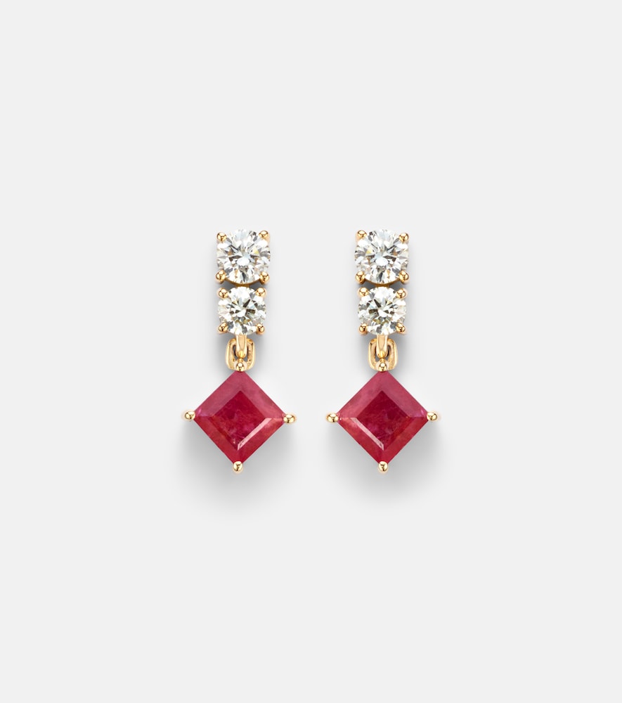 Stone and Strand 14kt gold earrings with diamonds, pink sapphire, and ruby