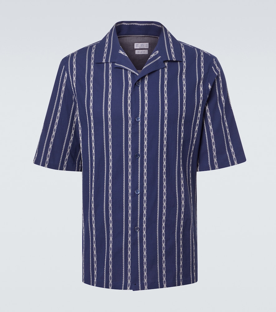 Brunello Cucinelli Men's Blue Printed Cotton Bowling Shirt UK Size 46 - Mytheresa