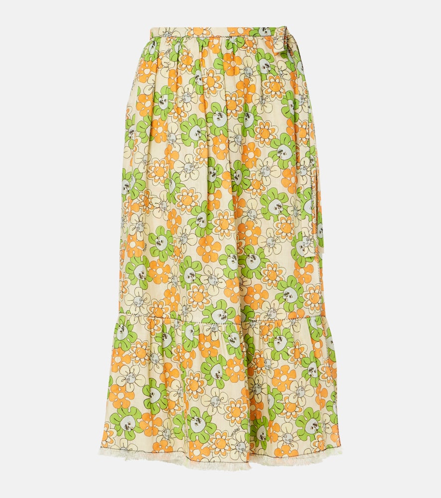 Floral linen midi skirt