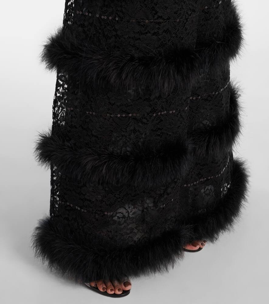 Alessandra Rich Lace Feather-trim Coat In Black
