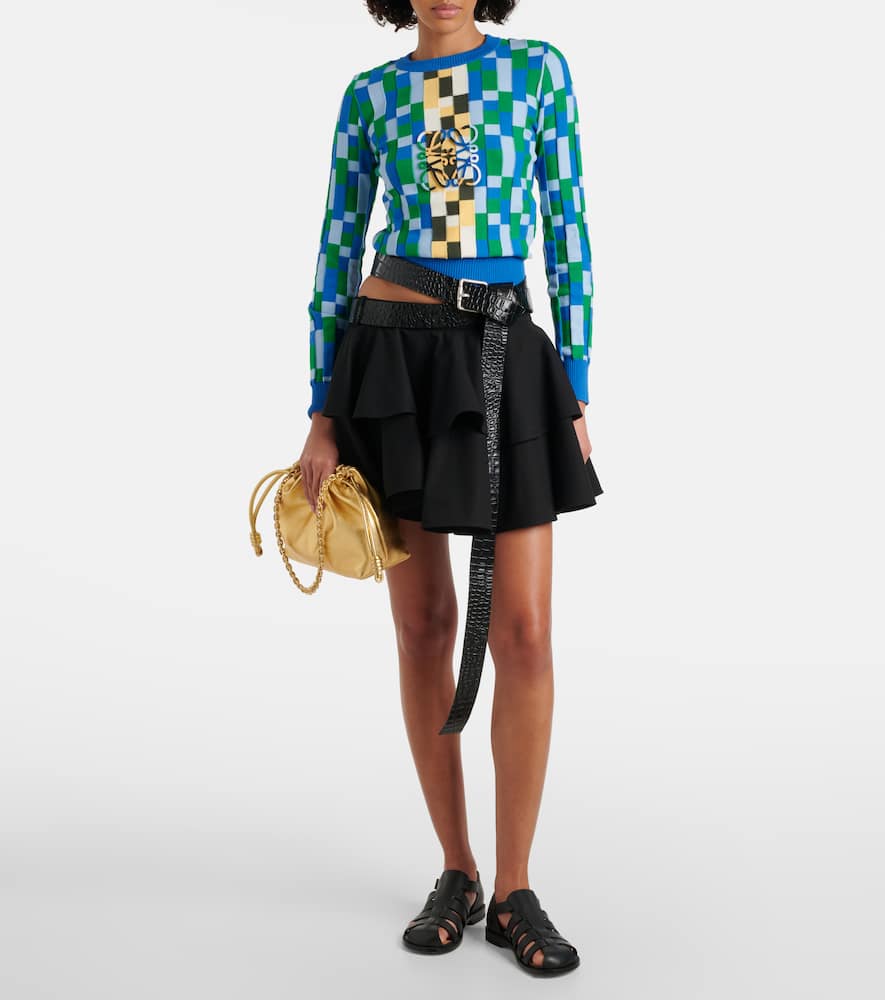 Loewe Belted Tiered Cotton Miniskirt In Black