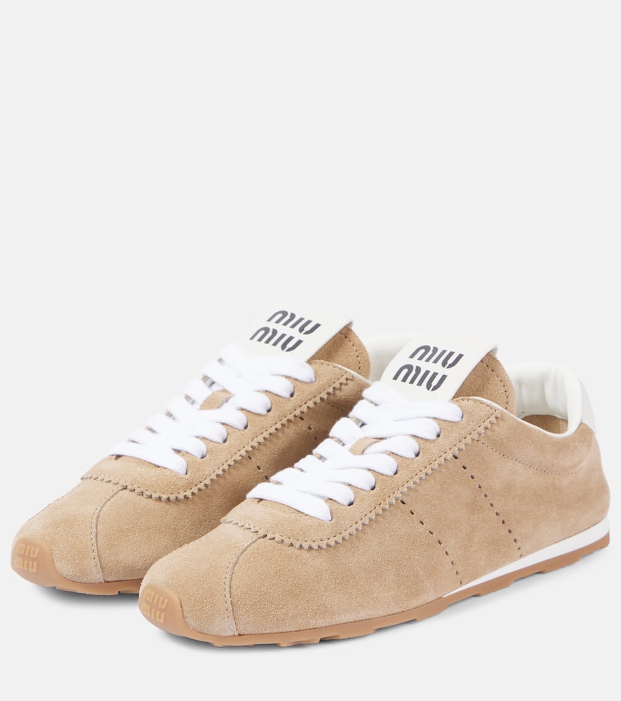 Miu Miu Suede Bicolor Retro Trainer Sneakers In Beige