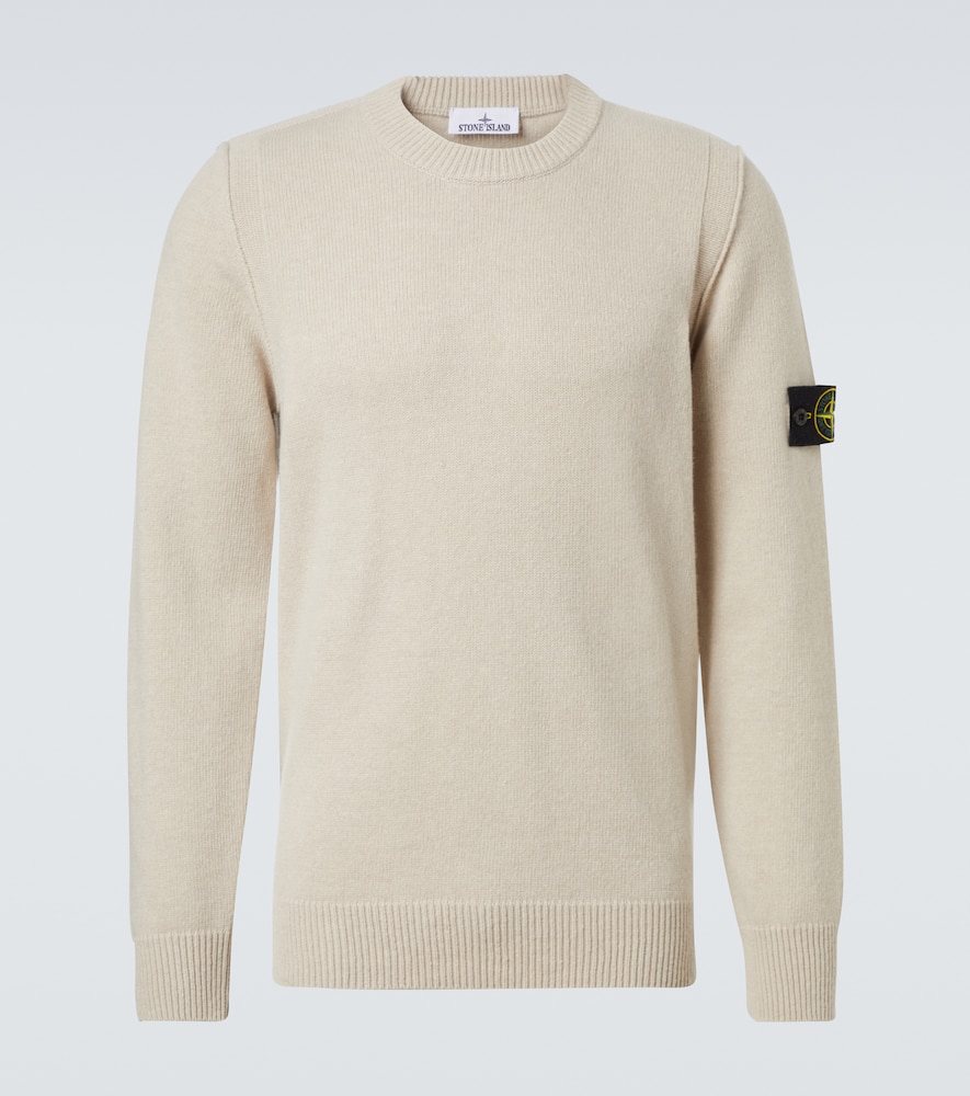 Stone Island Compass Patch Rib Virgin Wool Crewneck Sweater In White