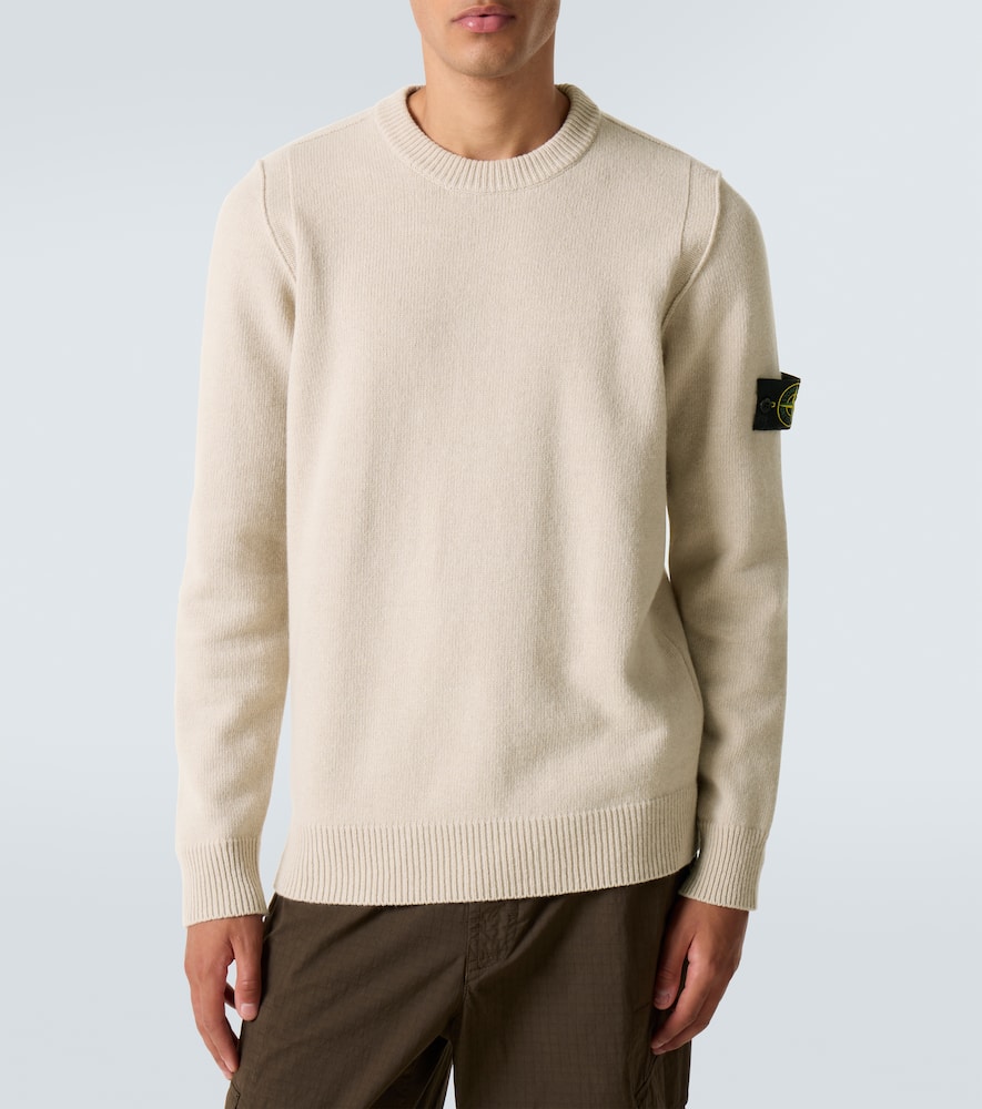 Stone Island Compass Patch Rib Virgin Wool Crewneck Sweater In White