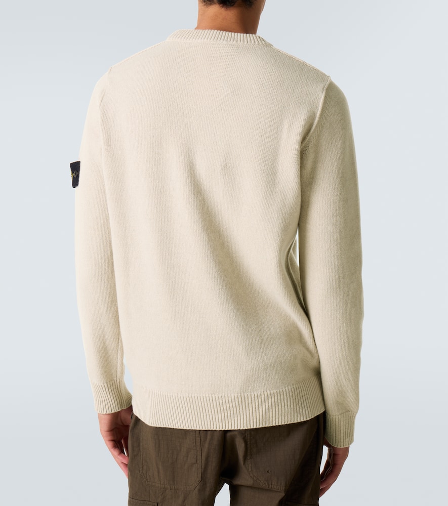 Stone Island Compass Patch Rib Virgin Wool Crewneck Sweater In White