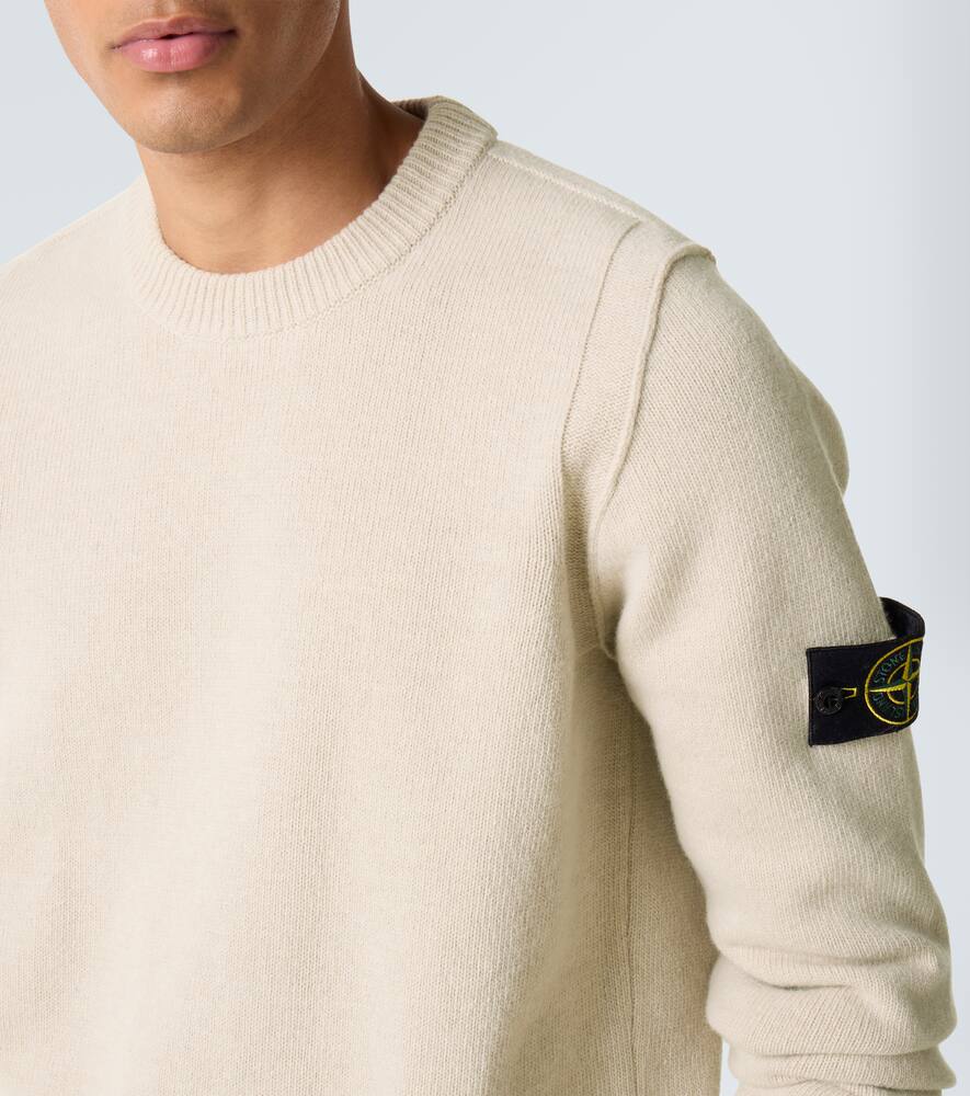 Stone Island Compass Patch Rib Virgin Wool Crewneck Sweater In White