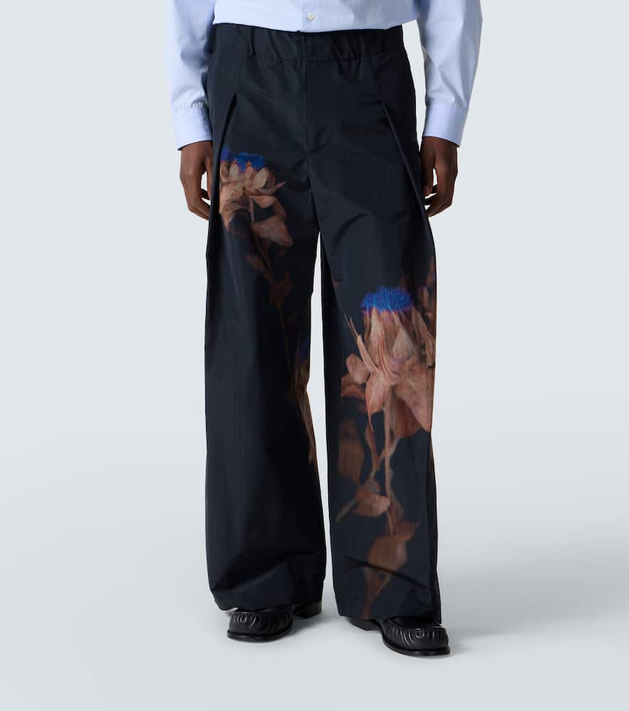 Dries Van Noten Pilan Floral Wool-blend Taffeta Wide-leg Pants In Black