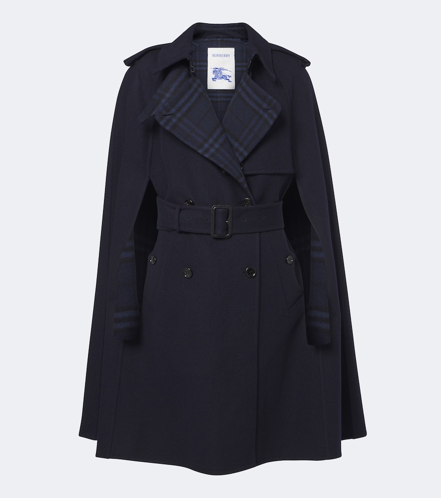 Burberry Check Belted Wool Cape In Blue