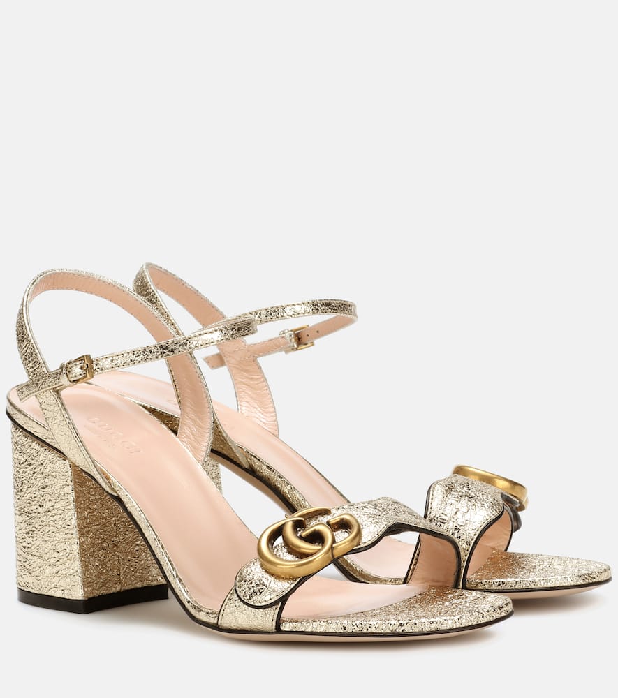 Gucci Marmont Logo-embellished Metallic Cracked-leather Sandals In Platino