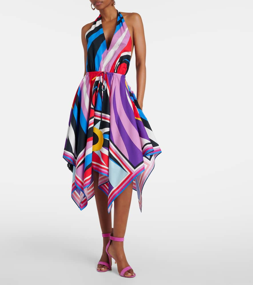 Shop Pucci Cigni-printed Halterneck Cotton Midi Dress In Multicoloured