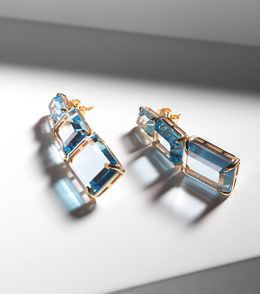 Mateo Arithmetic Composition 14kt Gold Drop Earrings With Topaz In Blue