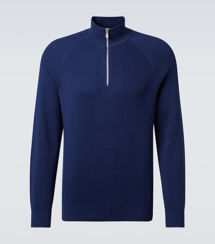 Brunello Cucinelli Cotton Ribbed-knit Half-zip Sweater In Blue