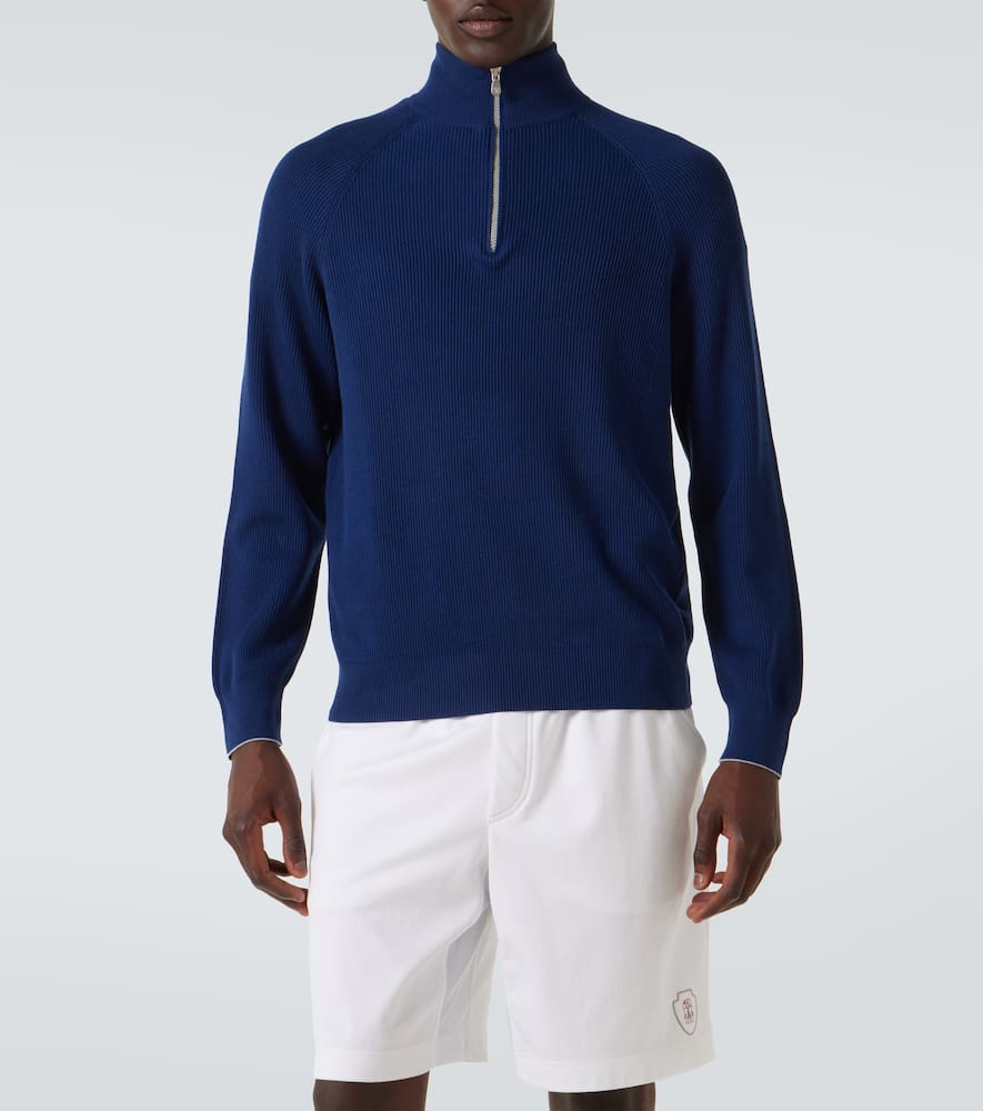 Brunello Cucinelli Cotton Ribbed-knit Half-zip Sweater In Blue