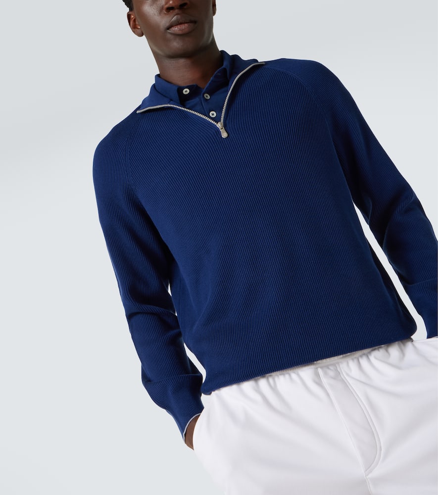 Brunello Cucinelli Cotton Ribbed-knit Half-zip Sweater In Blue