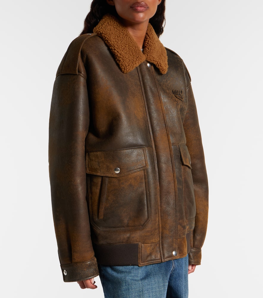Miu Miu Shearling-trimmed Leather Blouson Jacket In Brown