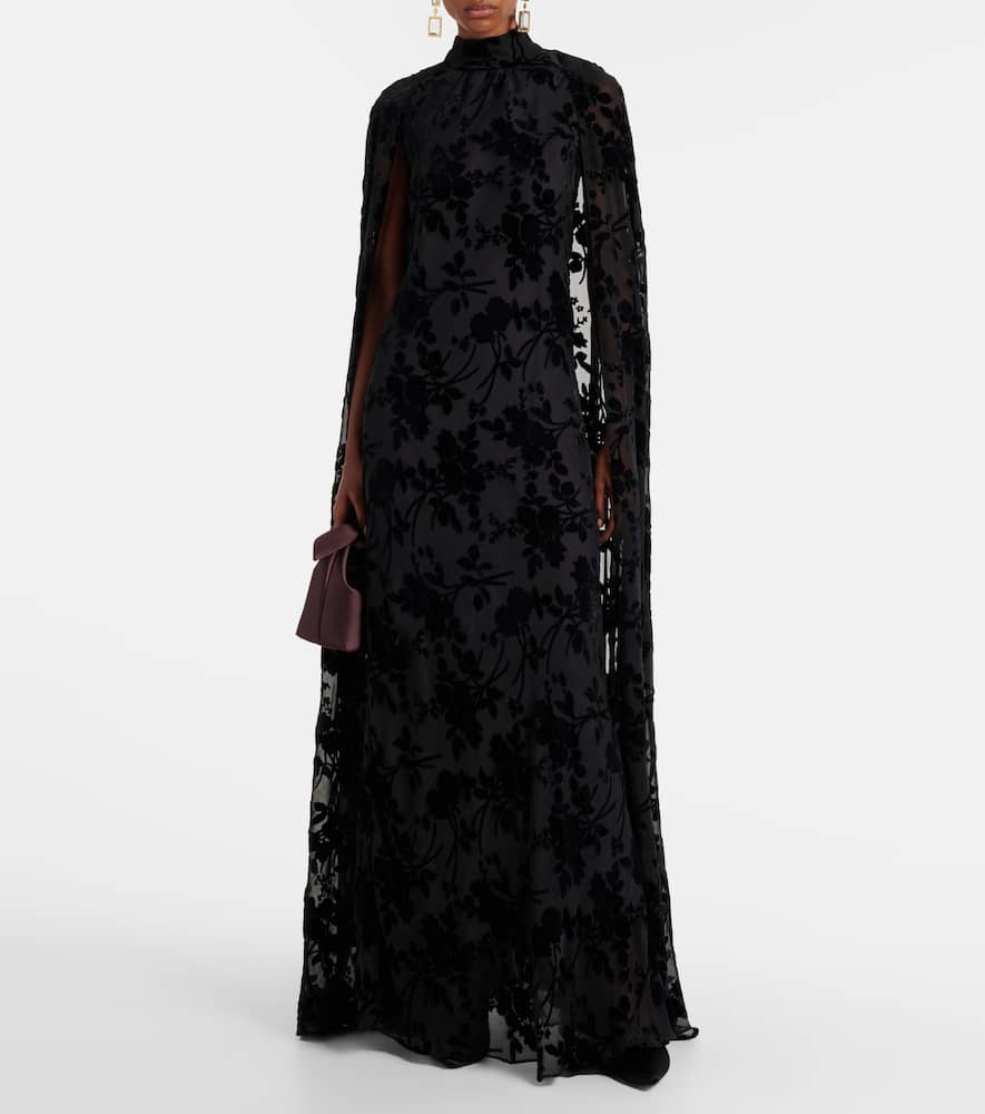 Rodarte Caped Floral Velvet Devoré Gown In Black
