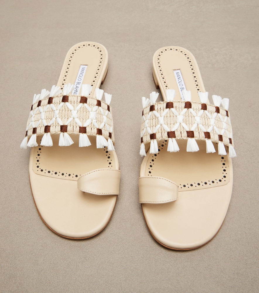 Brava Raffia-Trimmed Leather Sandals