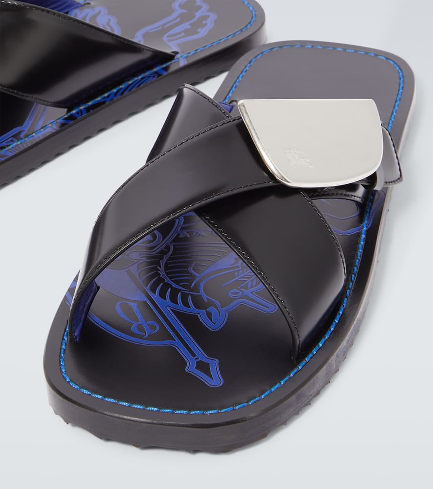 Burberry Stripe Shield Ekd Leather Sandals In Black