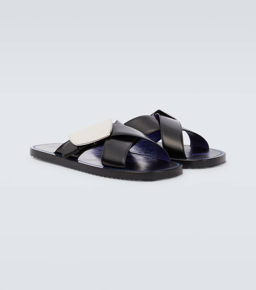 Burberry Stripe Shield Ekd Leather Sandals In Black