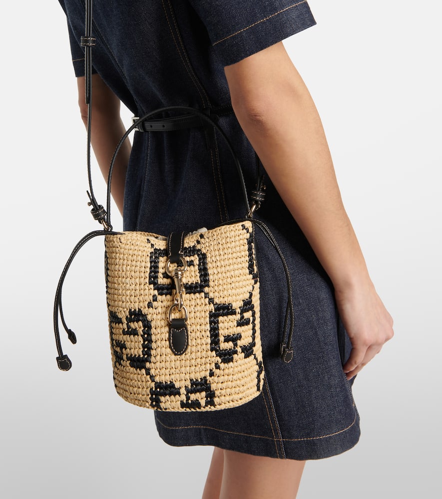 Gucci Gg Small Leather-trimmed Bucket Bag In Beige