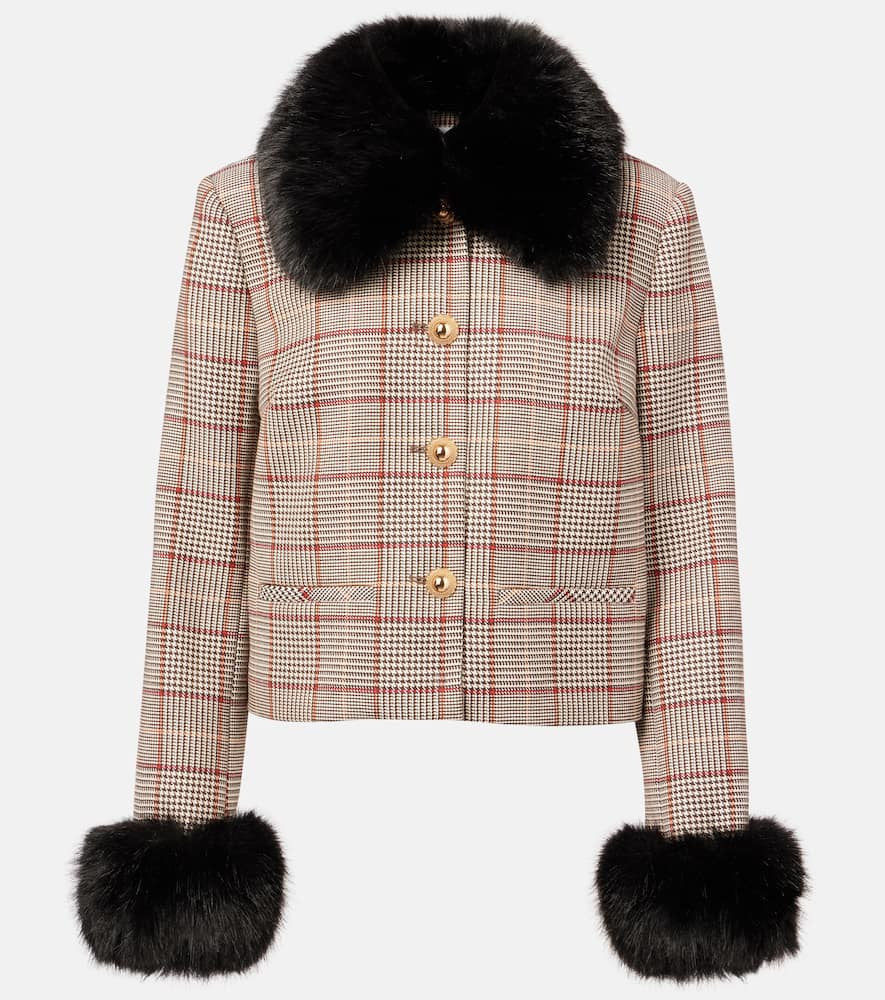 Self-portrait Checked Faux Fur-trimmed Jacket In Brown