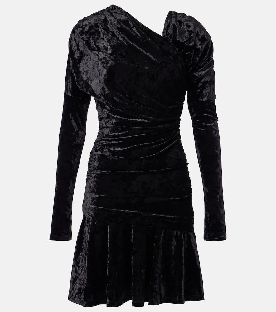 Ganni Ruched Asymmetric Velvet Minidress In Black