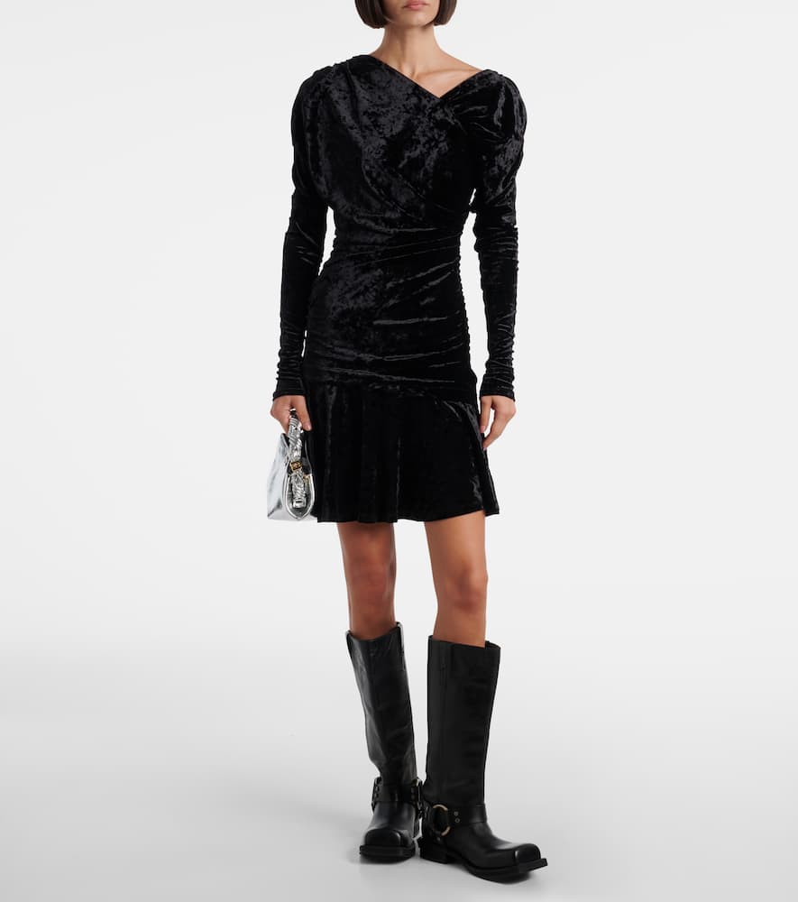 Ganni Ruched Asymmetric Velvet Minidress In Black