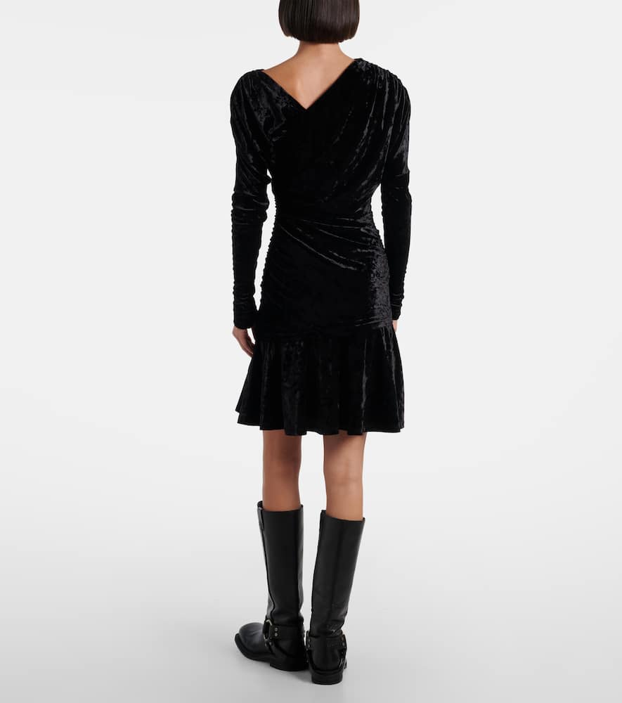 Ganni Ruched Asymmetric Velvet Minidress In Black
