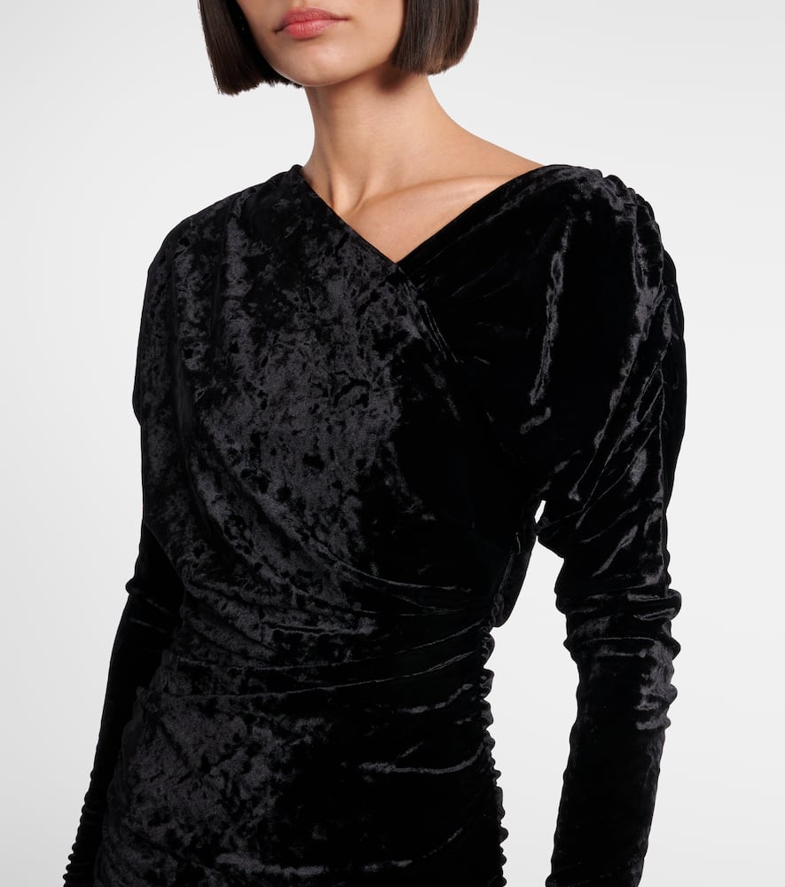 Ganni Ruched Asymmetric Velvet Minidress In Black