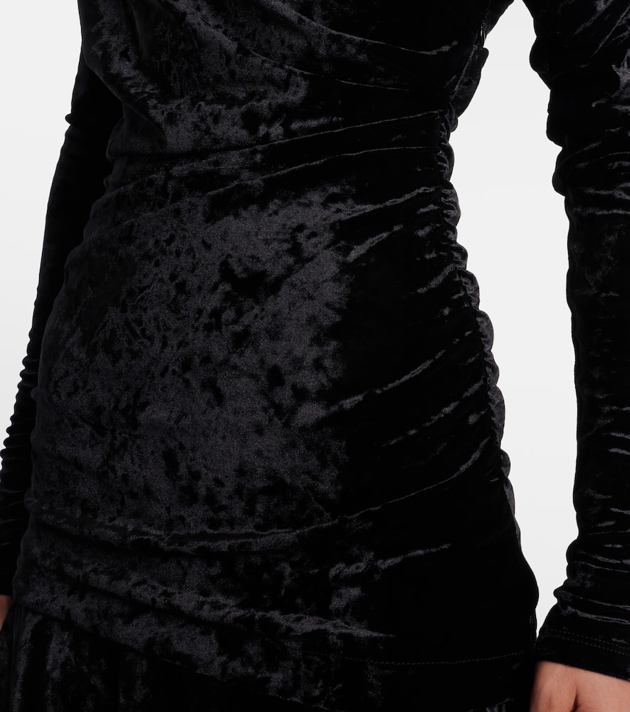 Ganni Ruched Asymmetric Velvet Minidress In Black
