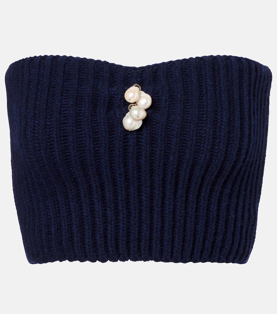 Prada Pearl-embellished Knit Wool-cashmere Bustier Top In Blue